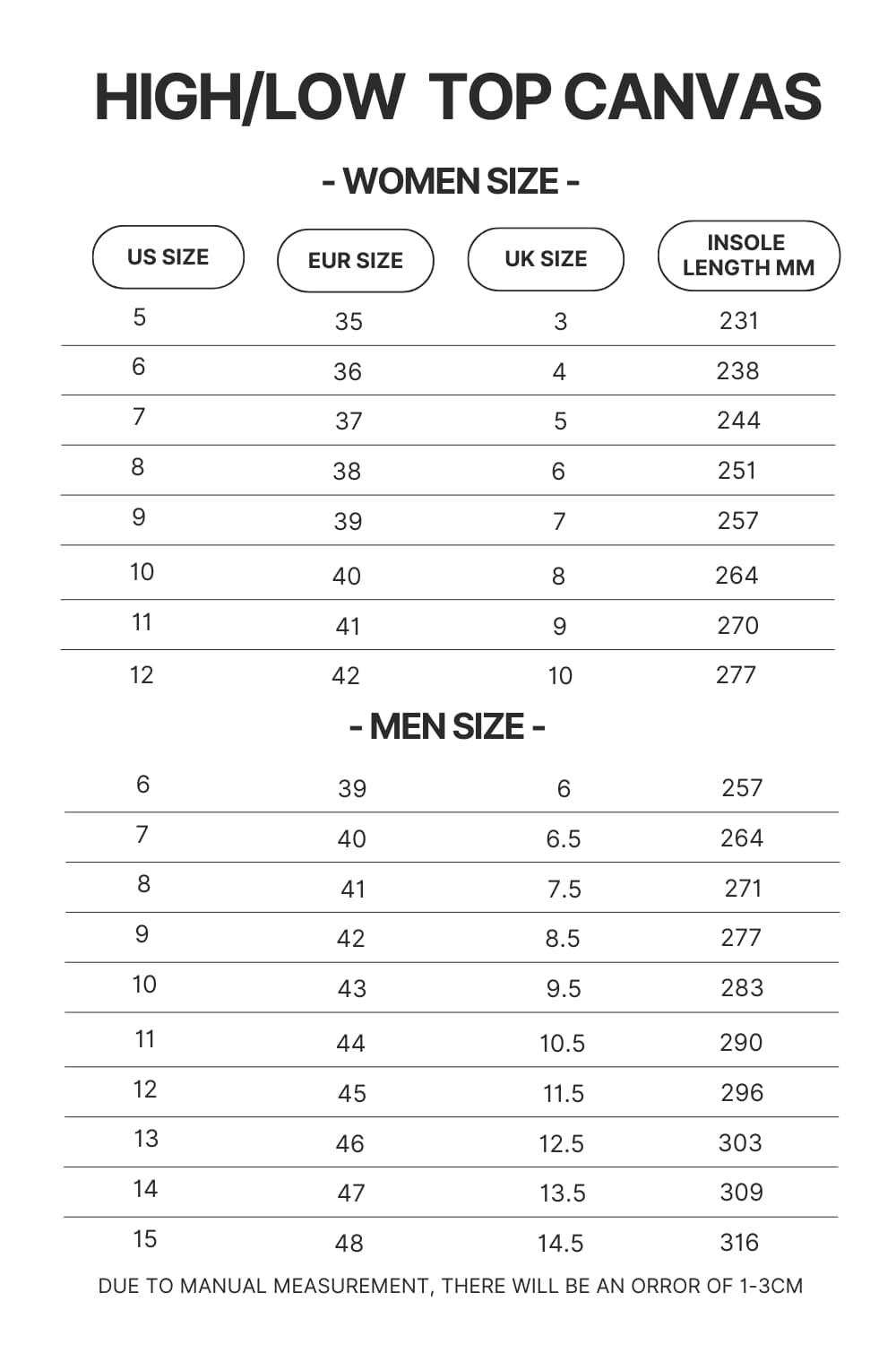 High Top Low Top Canvas Shoes Size Chart - Initial D Store